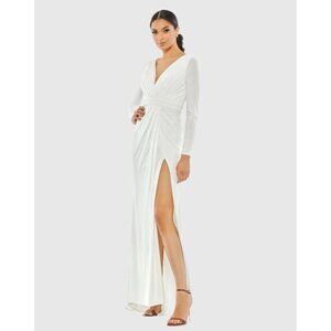Mac Duggal Size 6 White 26554 Long Sleeve Wrap Jersey Slit Gown Dress Wedding